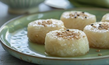 Korean honey rice cakes (yakgwa) on a pastel green plate AI generated