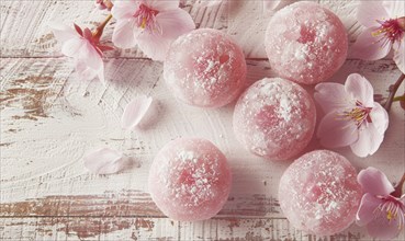 Japanese sakura mochi on a light wooden background AI generated