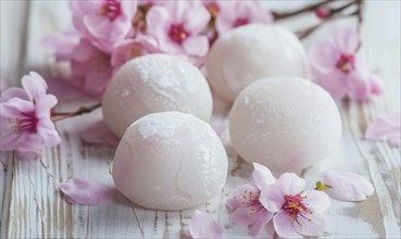 Japanese sakura mochi on a light wooden background AI generated