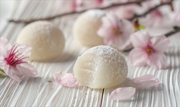 Japanese sakura mochi on a light wooden background AI generated