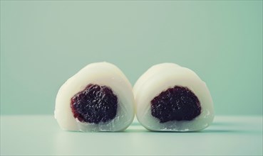 Japanese mochi with sweet red bean paste on a light green background AI generated