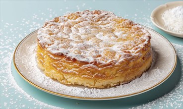 Italian torta di riso on a light blue background, rich AI generated