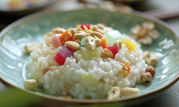 Chinese eight-treasure rice pudding on a pastel green plate AI generated