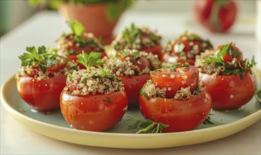 Cherry tomatoes stuffed with quinoa and herbs on a pastel yellow plate AI generated