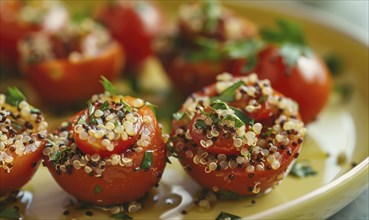 Cherry tomatoes stuffed with quinoa and herbs on a pastel yellow plate AI generated