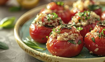 Cherry tomatoes stuffed with quinoa and herbs on a pastel yellow plate AI generated