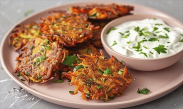 Carrot and zucchini fritters with yogurt dip on a pastel pink plate AI generated