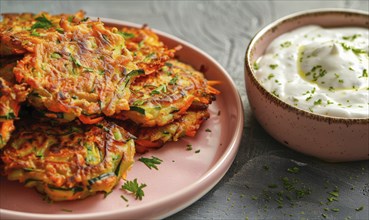 Carrot and zucchini fritters with yogurt dip on a pastel pink plate AI generated