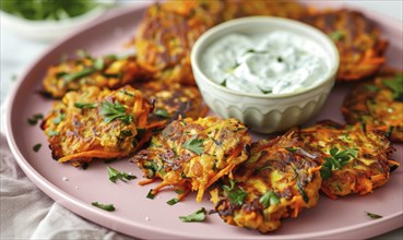 Carrot and zucchini fritters with yogurt dip on a pastel pink plate AI generated