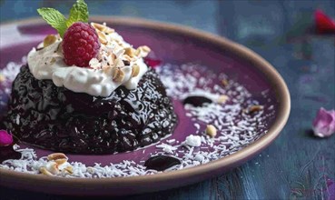 Black rice pudding with coconut cream on a pastel purple plate AI generated