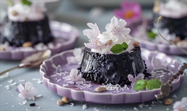 Black rice pudding with coconut cream on a pastel purple plate AI generated