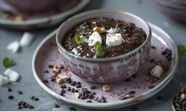 Black rice pudding with coconut cream on a pastel purple plate AI generated