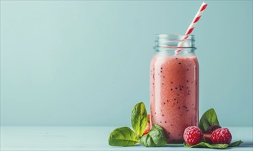 Berry and spinach smoothie in a glass jar on a light blue background AI generated