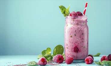 Berry and spinach smoothie in a glass jar on a light blue background AI generated