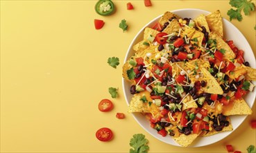 Bell pepper nachos with black beans and cheese on a light yellow background AI generated