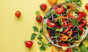 Bell pepper nachos with black beans and cheese on a light yellow background AI generated