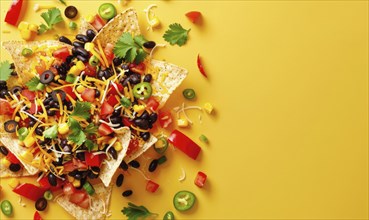 Bell pepper nachos with black beans and cheese on a light yellow background AI generated