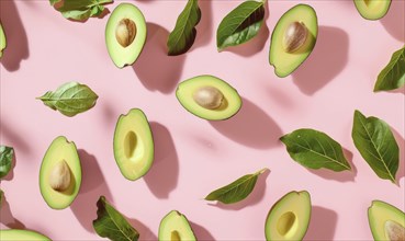 Avocado with leaves on a light pink background AI generated