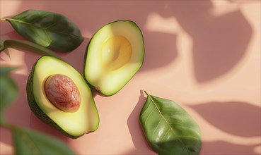 Avocado with leaves on a light pink background AI generated