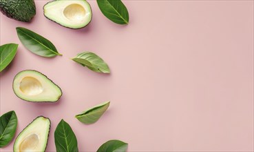 Avocado with leaves on a light pink background AI generated