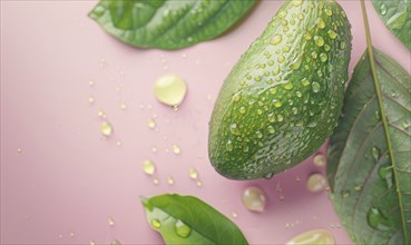 Avocado with leaves and water droplets on a light pink background AI generated