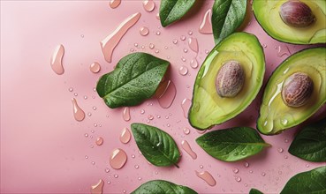 Avocado with leaves and water droplets on a light pink background AI generated