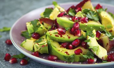 Avocado and pomegranate salad on a pastel purple plate AI generated