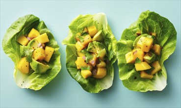 Avocado and mango salsa on endive leaves on a light blue background AI generated