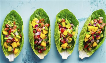 Avocado and mango salsa on endive leaves on a light blue background AI generated