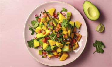 Avocado and mango salsa on a pastel pink plate AI generated