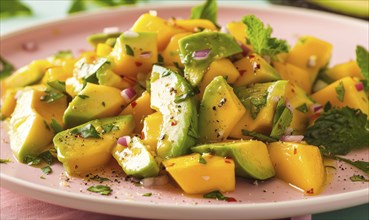 Avocado and mango salsa on a pastel pink plate AI generated