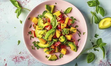 Avocado and mango salsa on a pastel pink plate AI generated