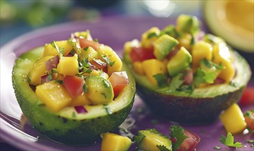 Avocado and mango salsa cups on a pastel purple plate AI generated