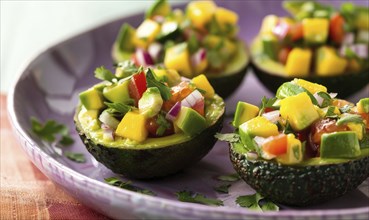 Avocado and mango salsa cups on a pastel purple plate AI generated