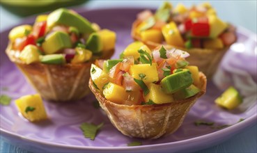 Avocado and mango salsa cups on a pastel purple plate AI generated