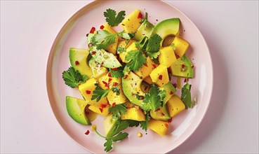 Avocado and mango salad with cilantro on a pastel pink plate AI generated