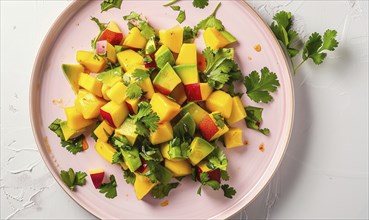 Avocado and mango salad with cilantro on a pastel pink plate AI generated