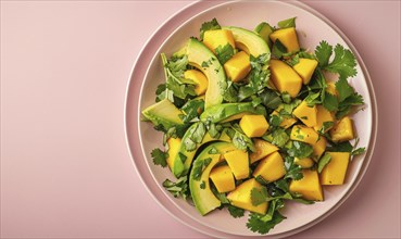 Avocado and mango salad with cilantro on a pastel pink plate AI generated