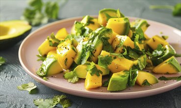 Avocado and mango salad with cilantro on a pastel pink plate AI generated