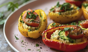 Avocado and hummus stuffed mini peppers on a pastel pink plate AI generated