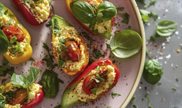 Avocado and hummus stuffed mini peppers on a pastel pink plate AI generated