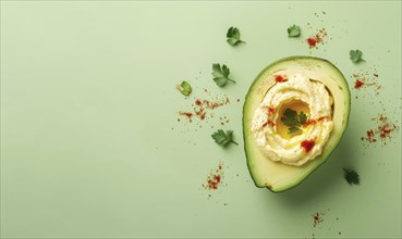 Avocado and hummus dip on a light green background AI generated