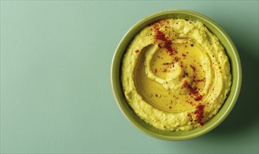 Avocado and hummus dip on a light green background AI generated