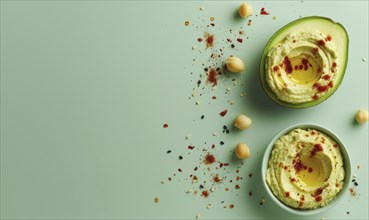 Avocado and hummus dip on a light green background AI generated