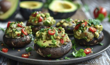 Avocado and herb stuffed mushrooms on a light wooden background AI generated