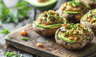 Avocado and herb stuffed mushrooms on a light wooden background AI generated