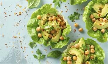 Avocado and chickpea salad in lettuce cups on a light blue background AI generated