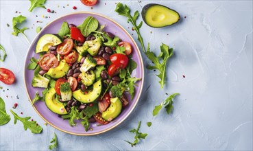 Avocado and black bean salad on a pastel purple plate AI generated