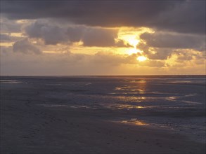 Melancholic sunset on the beach with footprints in the sand and golden colours, juist, east frisia,