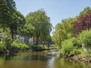 A river with lush vegetation and a small bridge on a sunny day, friedrichstadt, schleswig-holstein,